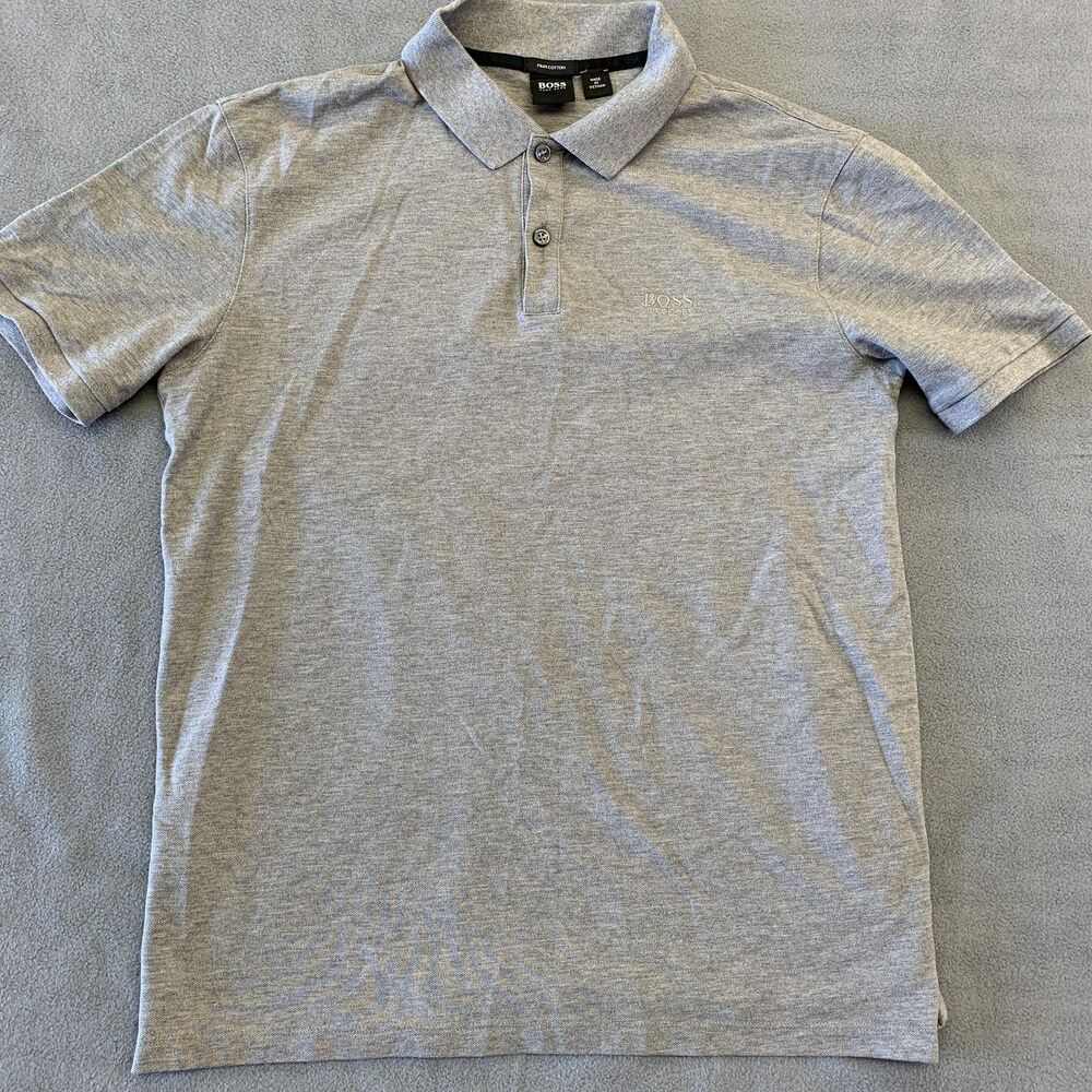BOSS Hugo Boss Polo Shirt Mens Medium Gray Pima Cotton Jersey Short Sleeve